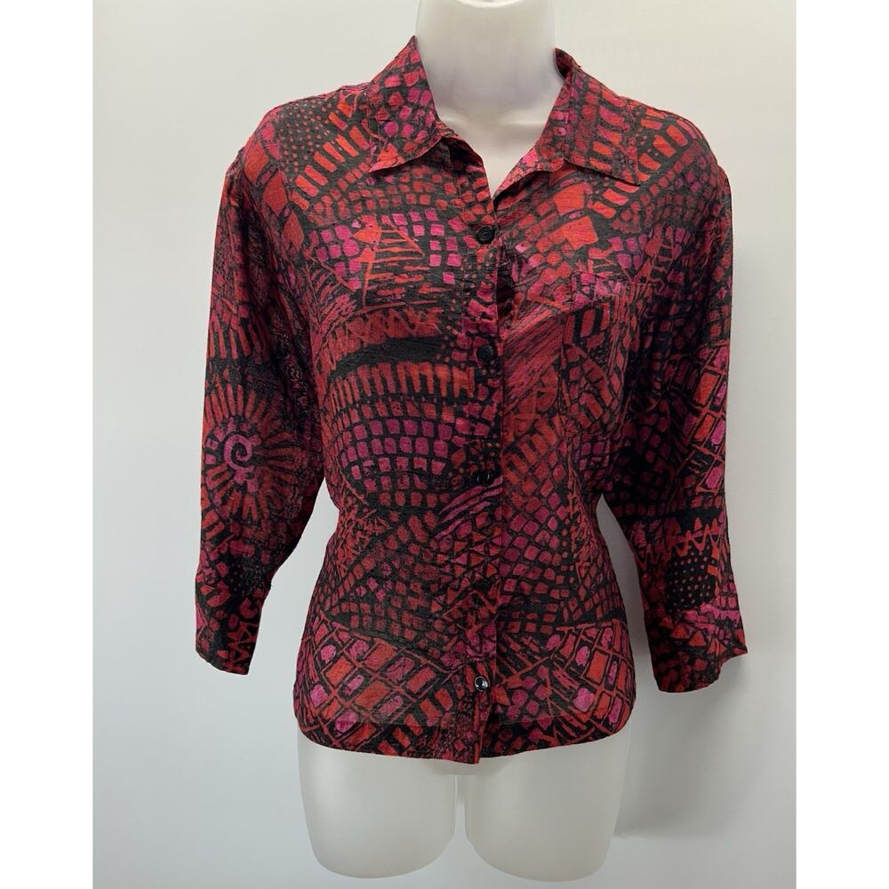 Chico's Mosaic Print Blouse Size 0 Sm. 42" Bust Rayon Blend Pocket 3/4 Sleeves.